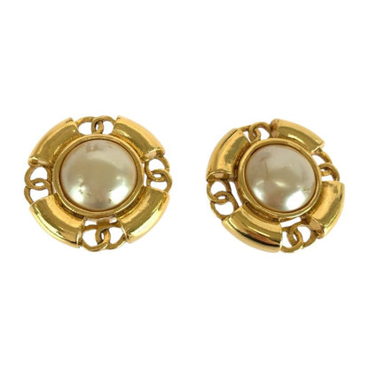 Chanel Faux Pearl Coco Mark Gold White Plated/faux Pearl Earrings 93 Engraved A