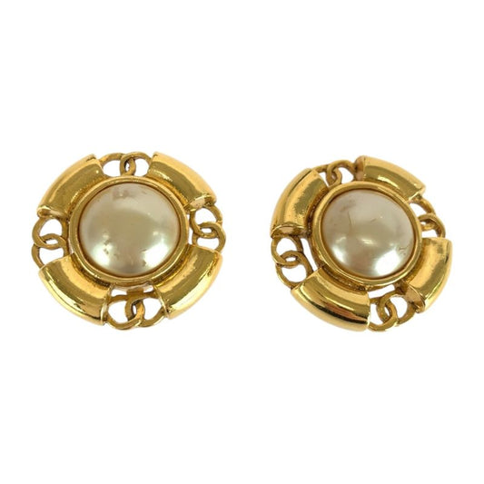 Chanel Faux Pearl Coco Mark Gold White Plated/faux Pearl Earrings 93 Engraved A