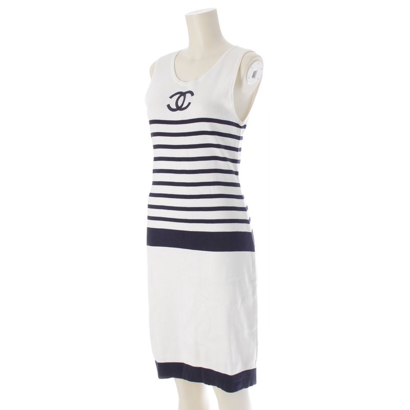 Chanel Cotton Vintage Coco Mark Striped Sleeveless Dress White 40