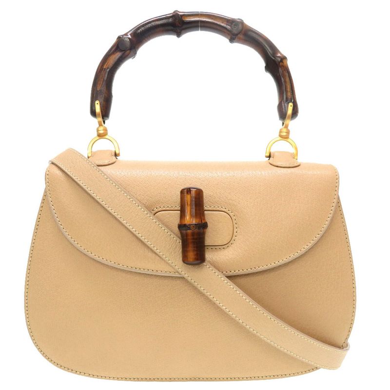 Gucci Bamboo Leather Beige Gold Hardware 2WAY Handbag Bag 0122 Gucci