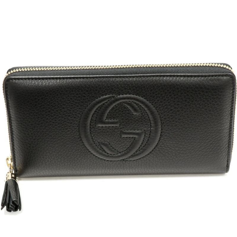Gucci Round Zipper Long Wallet With Coin Purse Soho Interlocking G Calf Black