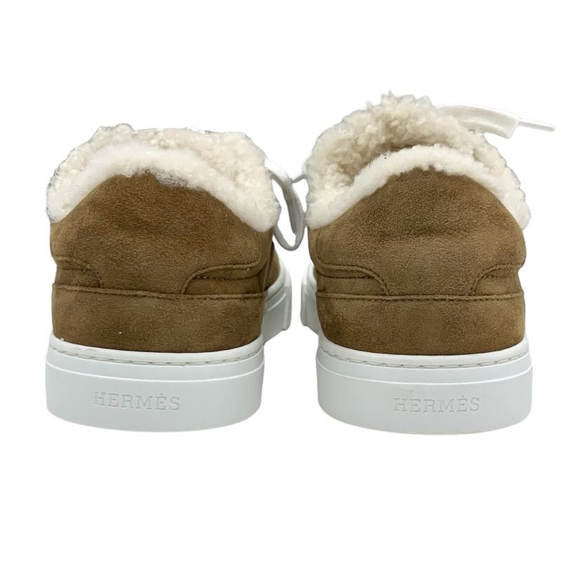 Hermes Day Sneakers Shoes Suede Mouton Brown Silver Kelly Hardware Boa