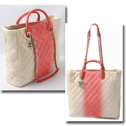 Chanel Tote Shoulder Bag Coral Pink Ivory Caviar Skin 2-way