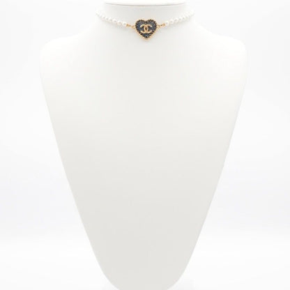 Chanel Necklace Pendant Choker Gold White Here Mark Heart
