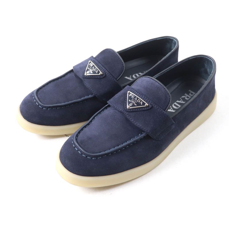 Prada 1d222n Triangle Logo Suede Leather Loafers Navy 35.5 With Box And Storage