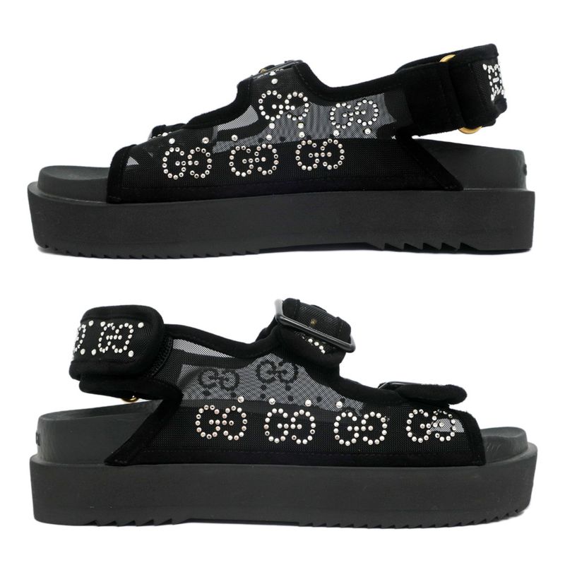 Gucci Sandals Crystal Belt Black 701158 Size 36 GG Logo Mesh Women's