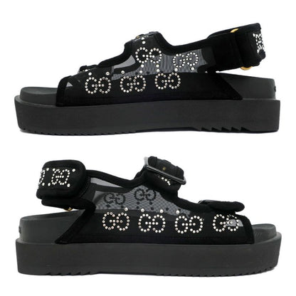 Gucci Sandals Crystal Belt Black 701158 Size 36 GG Logo Mesh Women's