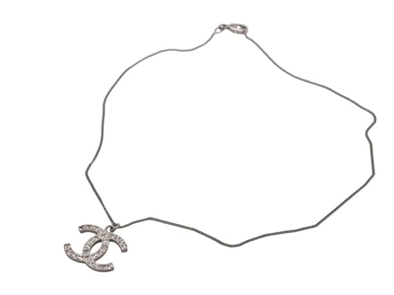 Chanel CC Logo Square Rhinestone Necklace 12 45 Silver Metal