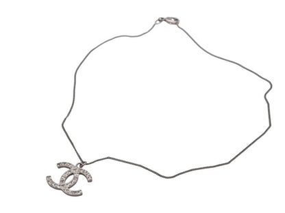 Chanel CC Logo Square Rhinestone Necklace 12 45 Silver Metal
