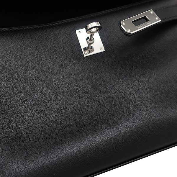 Hermes Handbag Pochette Kelly Evergrain Black Silver Hardware Black Mini Bag L