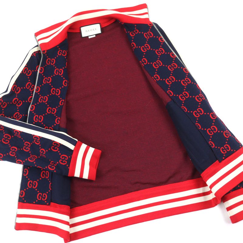 Gucci 496919 100% Cotton GG Jacquard Logo Zip Sideline Track Jacket Navy Red