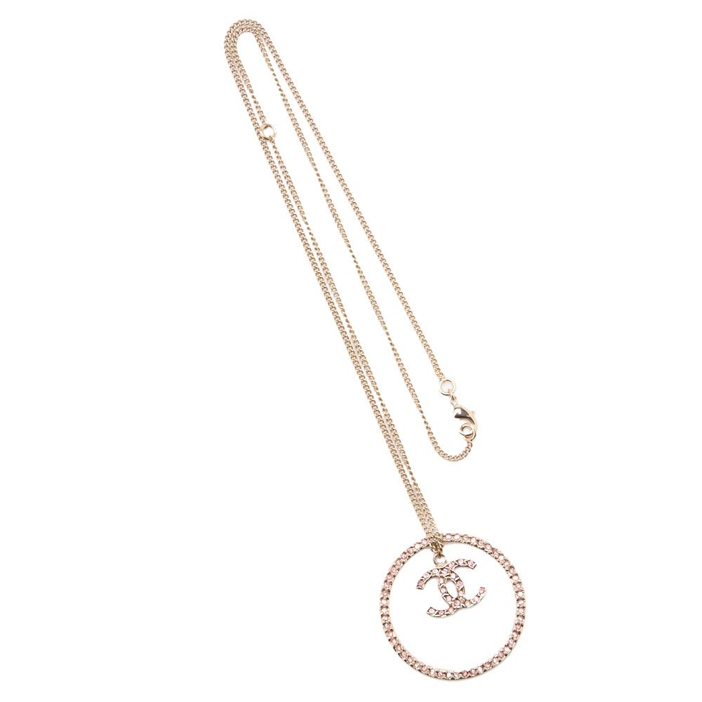 Chanel Coco Mark Circle Rhinestone Necklace GP Gold Pink 06A (gold Plated) Gold