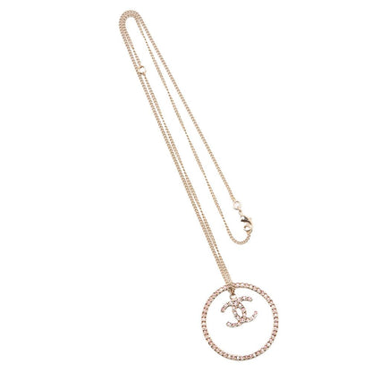 Chanel Coco Mark Circle Rhinestone Necklace GP Gold Pink 06A (gold Plated) Gold