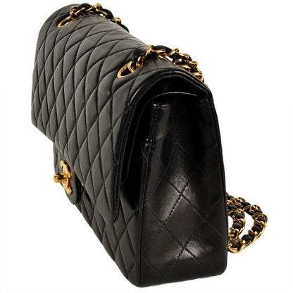 Chanel Matelasse W Flap Chain Shoulder Bag Lambskin Black Gold Hardware 6