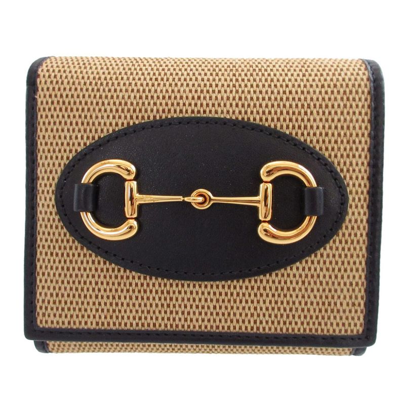 Gucci 621891 Horsebit 1955 Compact Wallet Canvas Leather Beige Navy Blue Bifold