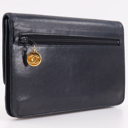 Chanel Coco Mark Vintage Lambskin Black Women's Long Wallet