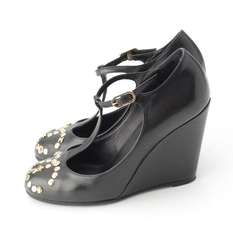 Chanel Coco Mark Bijoux Studded Heel Shoes Pumps Black 37