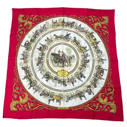Hermes Scarf Silk Carre 90 LA Promenade DE Longchamps Walk To Ron Chien Red