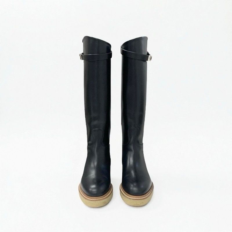 Hermes Boots Long Shoes Leather Black Silver Kelly Hardware