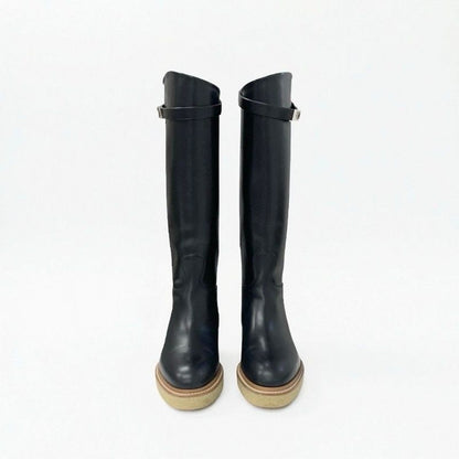 Hermes Boots Long Shoes Leather Black Silver Kelly Hardware