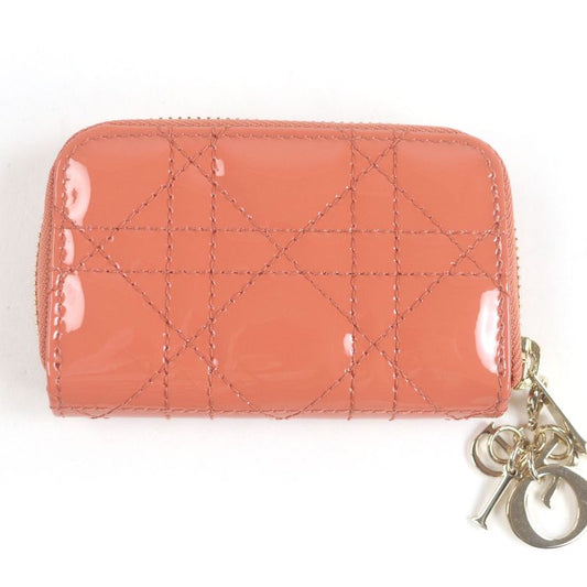 Christian DIOR Lady DIOR Voyage Cannage Patent Leather Zip Coin Case Small Pink