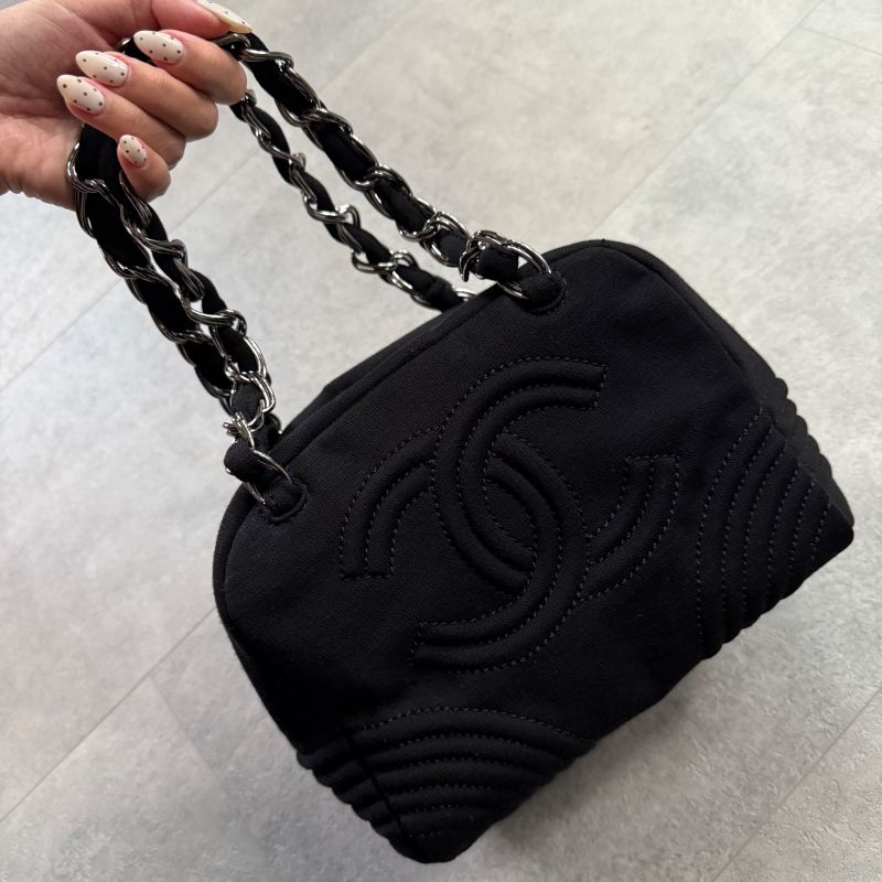 Chanel Chain Shoulder Bag Coco Mark Cotton Jersey Black Silver Hardware Deca