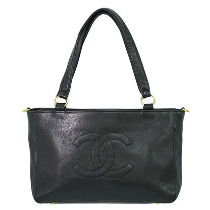 Authentic Chanel Coco Mark Shoulder Bag Tote Bag Caviar Skin Leather Black Coco