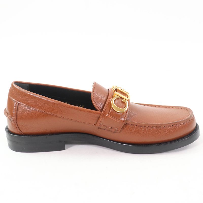 Gucci 700036 Logo Metal Leather Loafer Brown Gold Hardware 35 With Box And