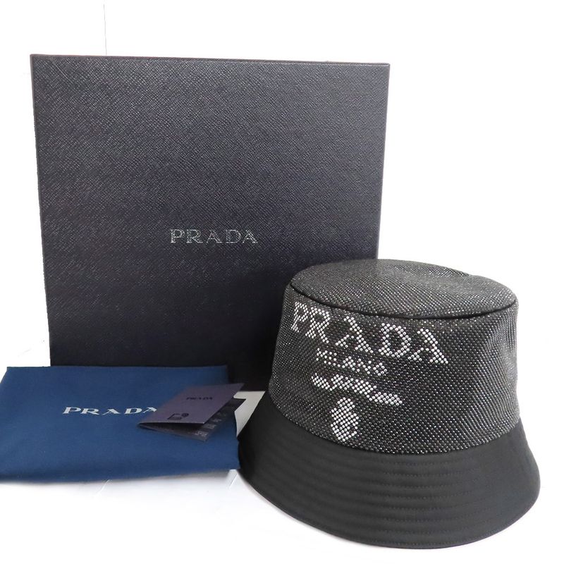 Prada Re-nylon Bucket Hat Black Studded Logo 2hc137 2D0S M Size Men's