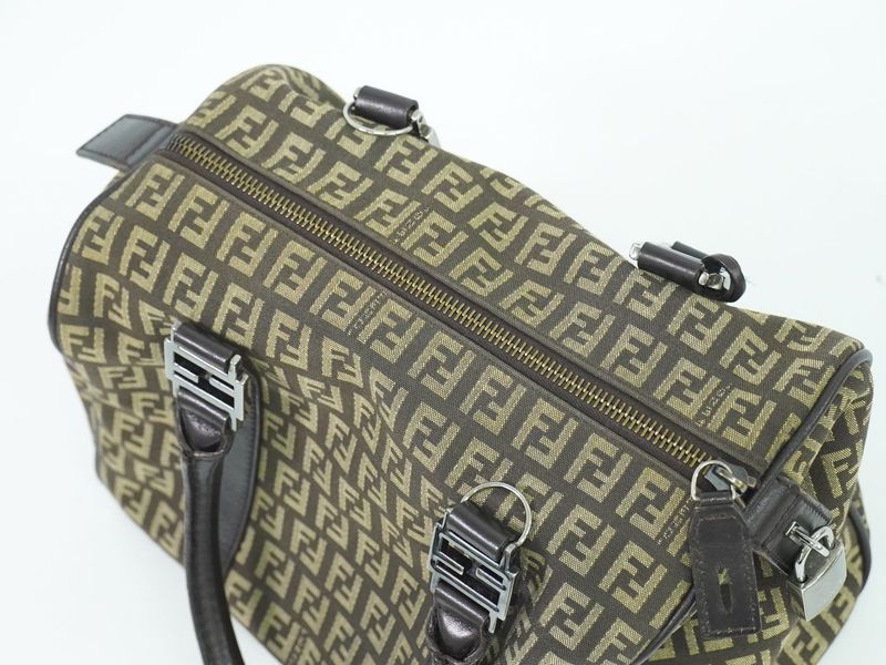 Authentic Fendi Zucchino Mini Boston Bag Handbag Canvas Beige Brown 8bl068