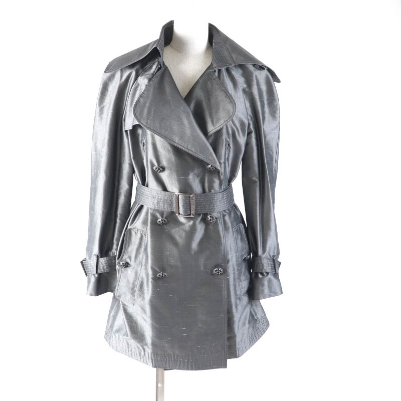 CHANEL 08A P33859 100% Silk Logo Buckle Mid Length Trench Coat Gray 38 Made In