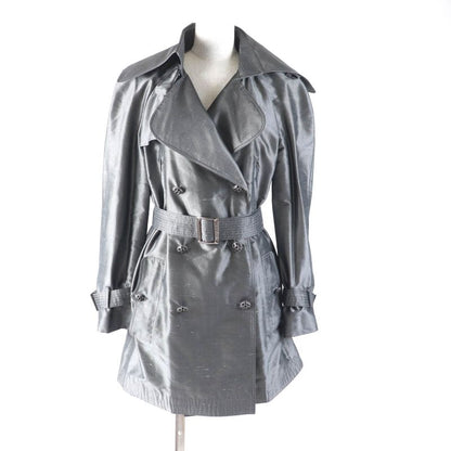 CHANEL 08A P33859 100% Silk Logo Buckle Mid Length Trench Coat Gray 38 Made In