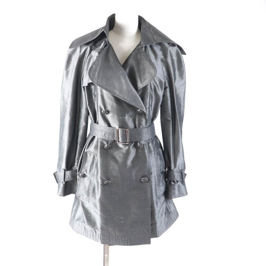 CHANEL 08A P33859 100% Silk Logo Buckle Mid Length Trench Coat Gray 38 Made In