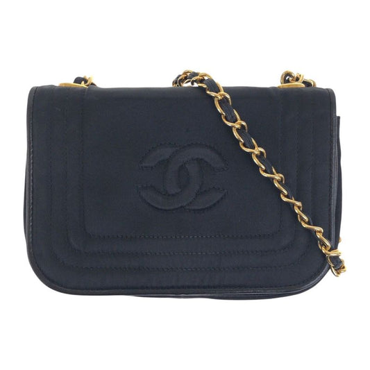 Chanel Vintage Coco Mark Black Gold Hardware Satin Chain Shoulder Bag Pochette