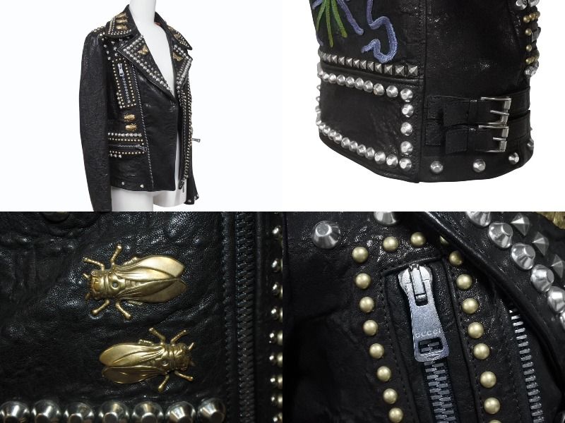 Gucci Double Rider's Jacket Studs Embroidery Sheepskin Black — view 5