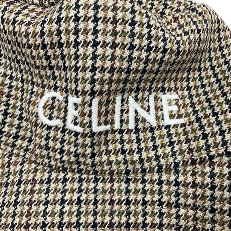 Celine Hat Wool Brown Logo Houndstooth Bucket