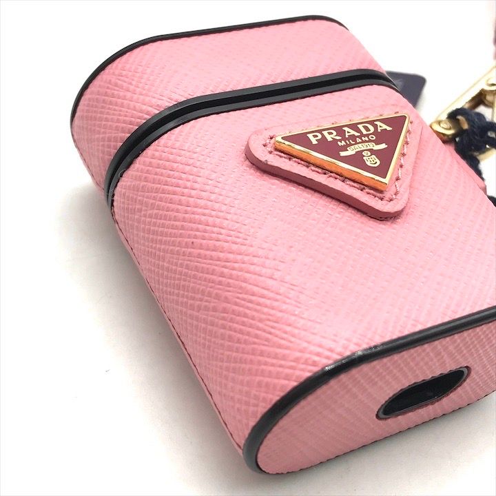 Prada Air Pods Case Triangle Logo Saffiano Leather Strap Pink Shoulder Bag