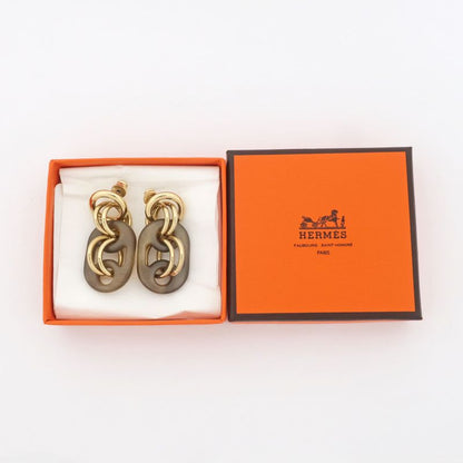 Hermes Yulidice PM Earrings Buffalo Horn Pair Brown Gold Hardware