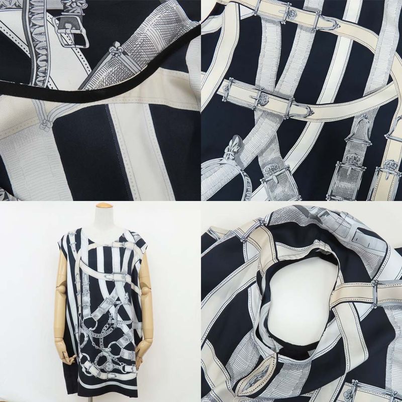 Hermes Sleeveless Tunic Silk Belt Pattern 42 Navy-white Black Tops