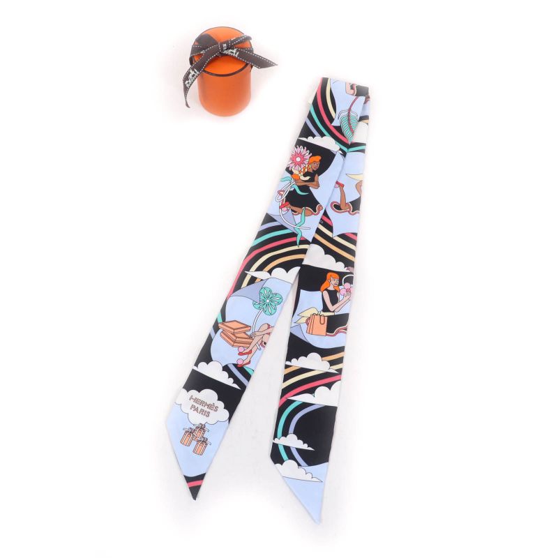 Hermes Carres Volants Flying Carré 100% Silk Noir/ciel/multicol Twilly Scarf