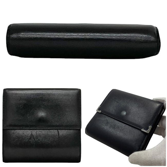 Cartier Trifold Wallet Black Cabochon Double Hook Leather Preowned