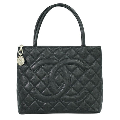 Authentic Chanel Coco Mark Revival Tote Handbag Caviar Skin Leather Black Coco