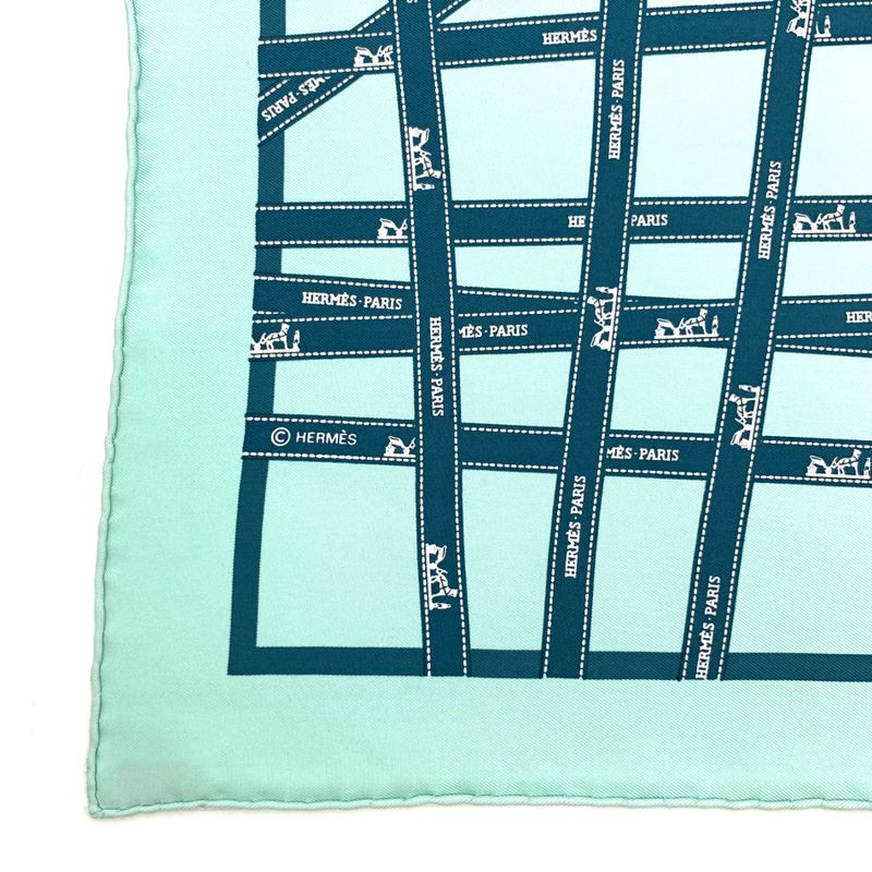 Hermes Scarf Carre 45 Borduc Green Blue 100% Silk