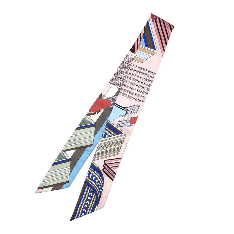 Hermes Twilly Zigzag Sangle Silk Rose Poudre Blanc Ciel Pink Scarf 0251 Hermes