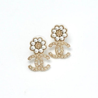 Chanel Earrings Earring Gold White Coco Mark Flower Rhinestone