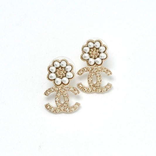 Chanel Earrings Earring Gold White Coco Mark Flower Rhinestone