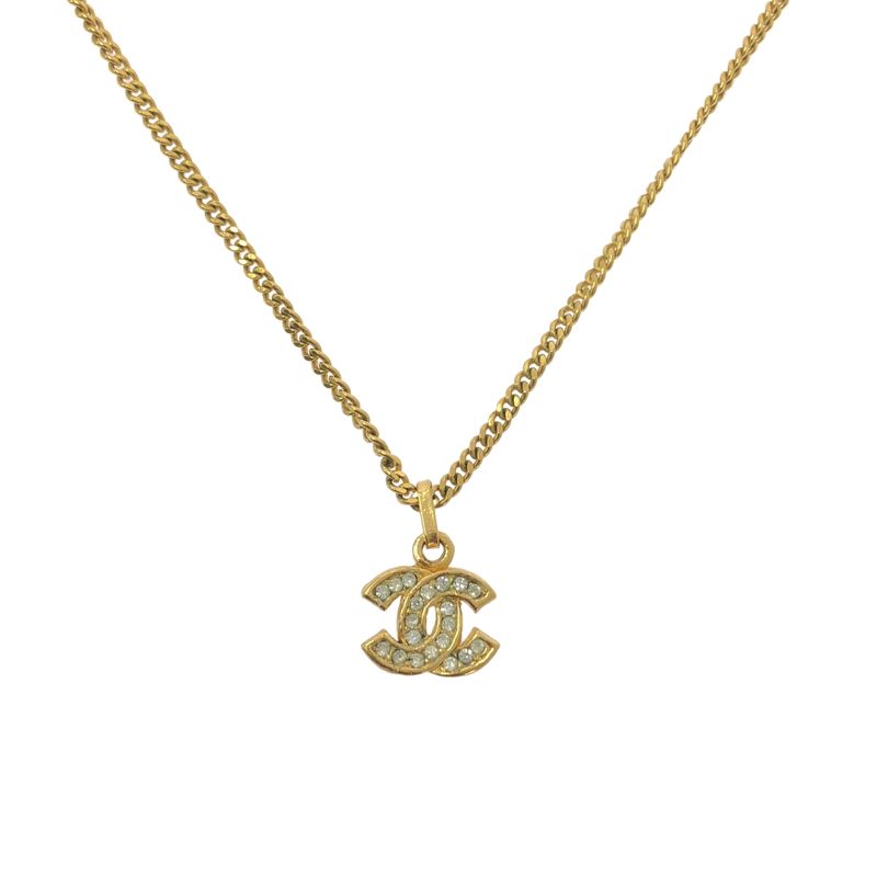 Chanel - Rhinestone Coco Mark Necklace With Charm - Gold - Women's