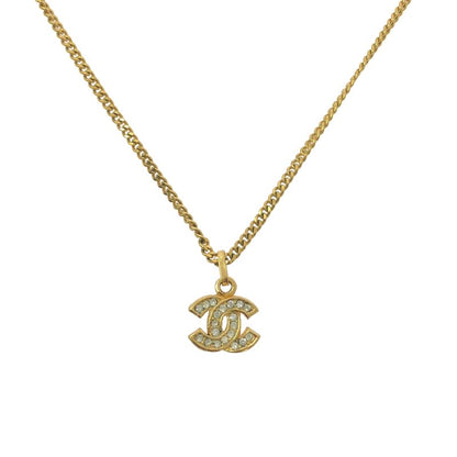 Chanel - Rhinestone Coco Mark Necklace With Charm - Gold - Women's