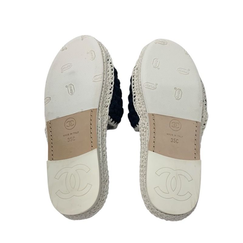 Chanel Sandals Shoes Fabric Black White Coco Mark Camellia Knit Flat Mule