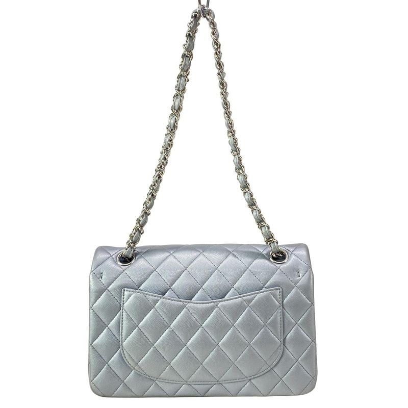 Chanel Shoulder Bag Double Flap Matelasse A01113 Metallic Gray Metal Serial